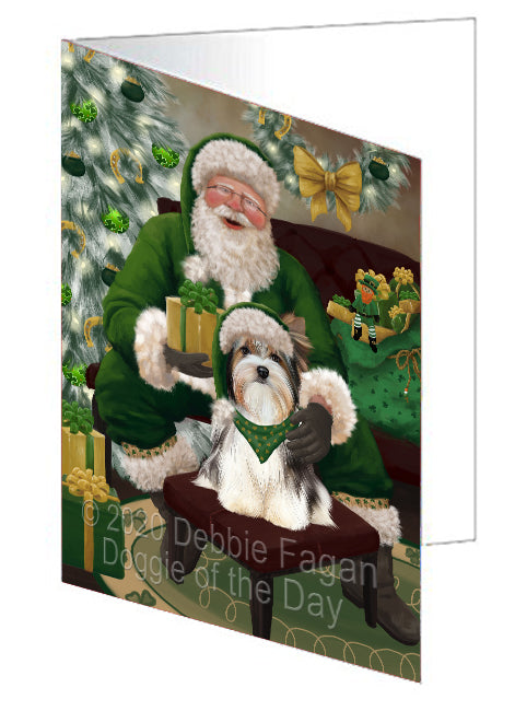 Christmas Irish Santa with Gift and Biewer Dog Handmade Artwork Assorted Pets Greeting Cards and Note Cards with Envelopes for All Occasions and Holiday Seasons GCD75785