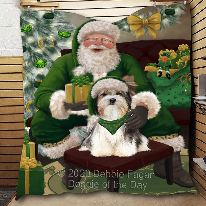 Christmas Irish Santa with Gift and Biewer Dog Quilt Bed Coverlet Bedspread - Pets Comforter Unique One-side Animal Printing - Soft Lightweight Durable Washable Polyester Quilt