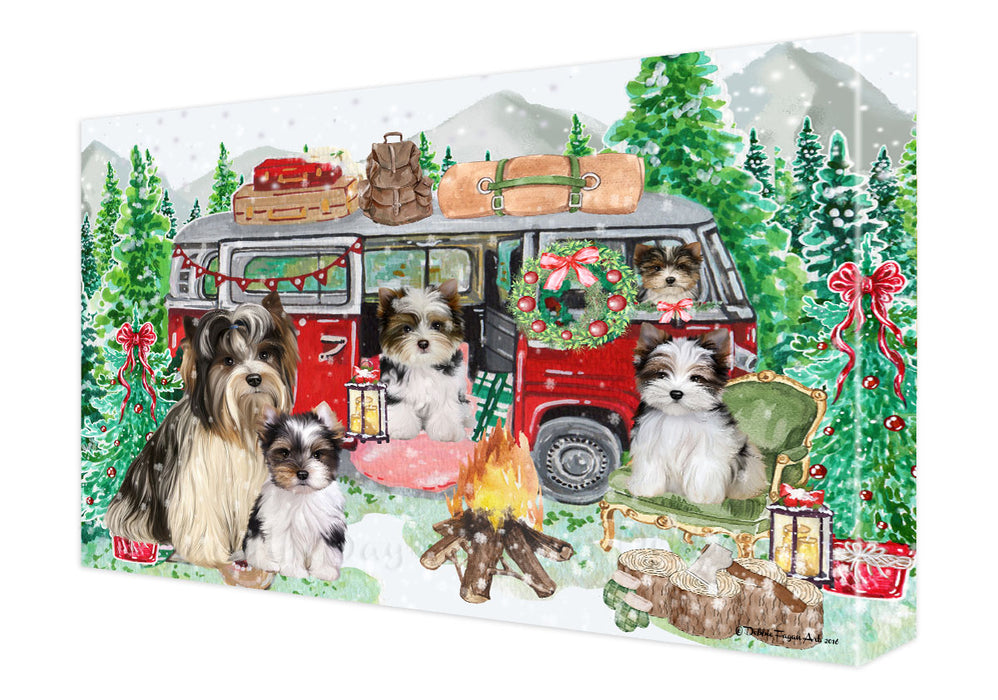 Christmas Time Camping with Biewer Dogs Canvas Wall Art - Premium Quality Ready to Hang Room Decor Wall Art Canvas - Unique Animal Printed Digital Painting for Decoration