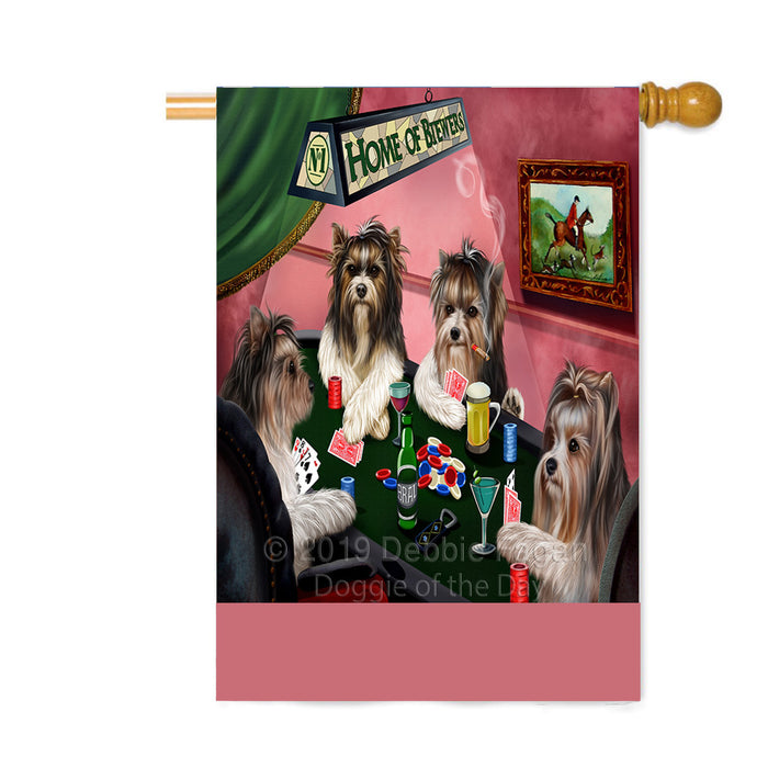 Personalized Home of Biewer Terrier Dogs Four Dogs Playing Poker Custom House Flag FLG-DOTD-A60301