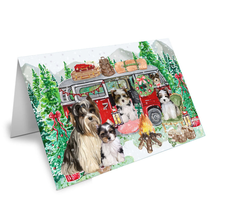 Christmas Time Camping with Biewer Dogs Handmade Artwork Assorted Pets Greeting Cards and Note Cards with Envelopes for All Occasions and Holiday Seasons