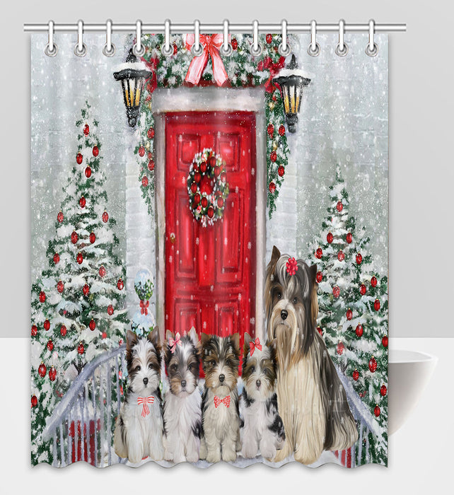 Christmas Holiday Welcome Biewer Dogs Shower Curtain Pet Painting Bathtub Curtain Waterproof Polyester One-Side Printing Decor Bath Tub Curtain for Bathroom with Hooks