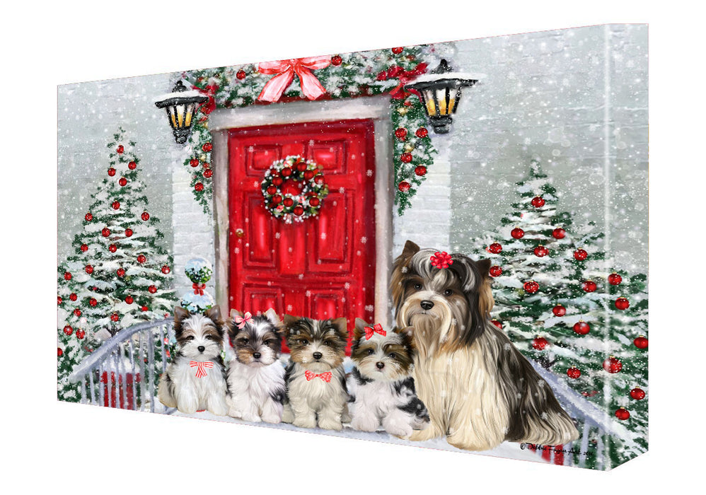 Christmas Holiday Welcome Biewer Dogs Canvas Wall Art - Premium Quality Ready to Hang Room Decor Wall Art Canvas - Unique Animal Printed Digital Painting for Decoration