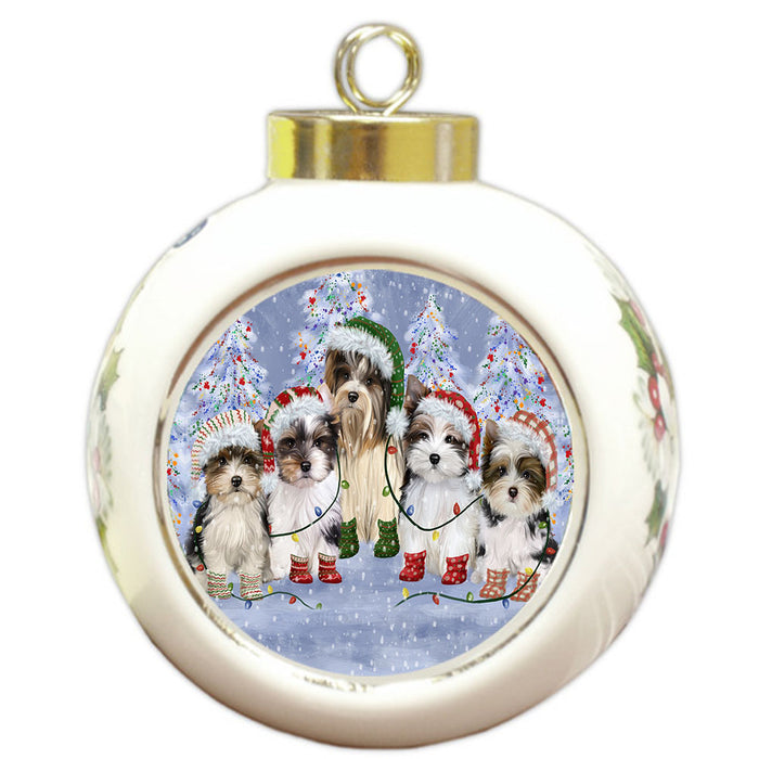Christmas Lights and Biewer Dogs Round Ball Christmas Ornament Pet Decorative Hanging Ornaments for Christmas X-mas Tree Decorations - 3" Round Ceramic Ornament
