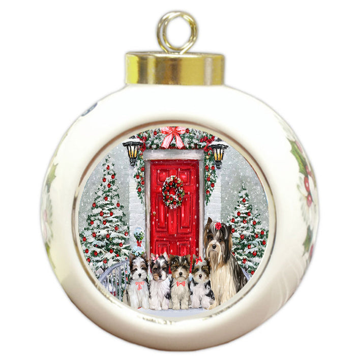 Christmas Holiday Welcome Biewer Dogs Round Ball Christmas Ornament Pet Decorative Hanging Ornaments for Christmas X-mas Tree Decorations - 3" Round Ceramic Ornament