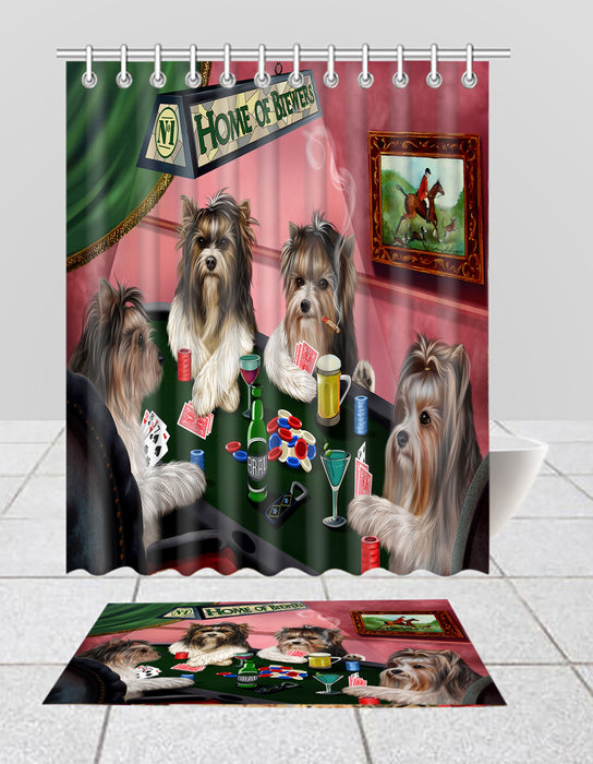 Home of  Biewer Dogs Playing Poker Bath Mat and Shower Curtain Combo