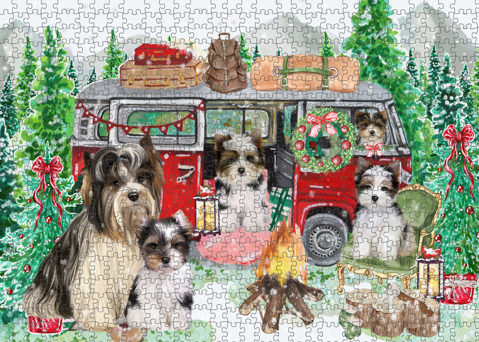 Christmas Time Camping with Biewer Dogs Portrait Jigsaw Puzzle for Adults Animal Interlocking Puzzle Game Unique Gift for Dog Lover's with Metal Tin Box