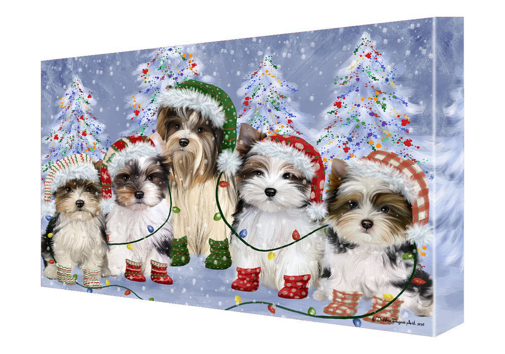 Christmas Lights and Biewer Dogs Canvas Wall Art - Premium Quality Ready to Hang Room Decor Wall Art Canvas - Unique Animal Printed Digital Painting for Decoration