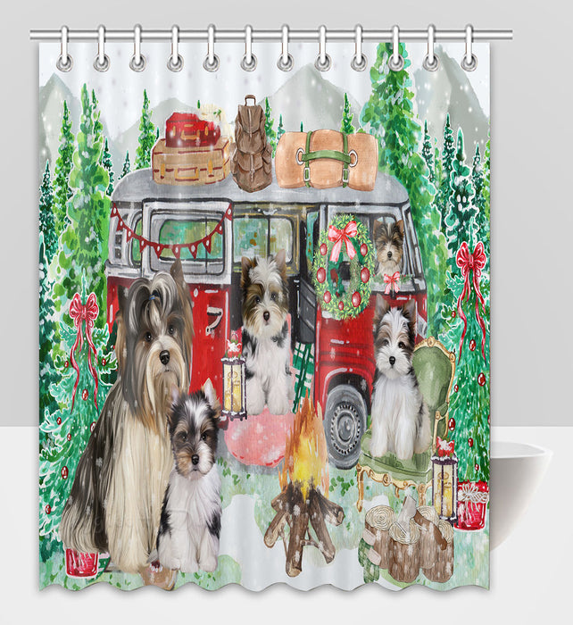 Christmas Time Camping with Biewer Dogs Shower Curtain Pet Painting Bathtub Curtain Waterproof Polyester One-Side Printing Decor Bath Tub Curtain for Bathroom with Hooks