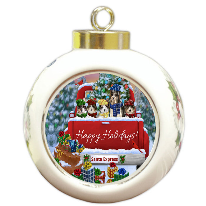 Christmas Red Truck Travlin Home for the Holidays Biewer Dogs Round Ball Christmas Ornament Pet Decorative Hanging Ornaments for Christmas X-mas Tree Decorations - 3" Round Ceramic Ornament