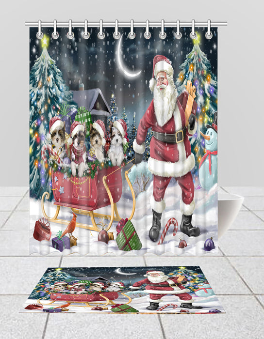 Santa Sled Dogs Christmas Happy Holidays Biewer Dogs Bath Mat and Shower Curtain Combo