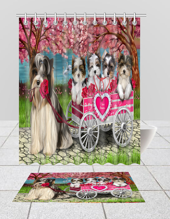 I Love Biewer Dogs in a Cart Bath Mat and Shower Curtain Combo
