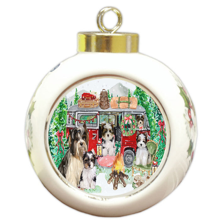 Christmas Time Camping with Biewer Dogs Round Ball Christmas Ornament Pet Decorative Hanging Ornaments for Christmas X-mas Tree Decorations - 3" Round Ceramic Ornament
