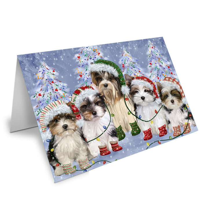 Christmas Lights and Biewer Dogs Handmade Artwork Assorted Pets Greeting Cards and Note Cards with Envelopes for All Occasions and Holiday Seasons