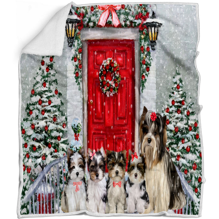 Christmas Holiday Welcome Biewer Dogs Blanket - Lightweight Soft Cozy and Durable Bed Blanket - Animal Theme Fuzzy Blanket for Sofa Couch