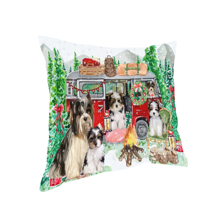 Christmas Time Camping with Biewer Dogs Pillow with Top Quality High-Resolution Images - Ultra Soft Pet Pillows for Sleeping - Reversible & Comfort - Ideal Gift for Dog Lover - Cushion for Sofa Couch Bed - 100% Polyester