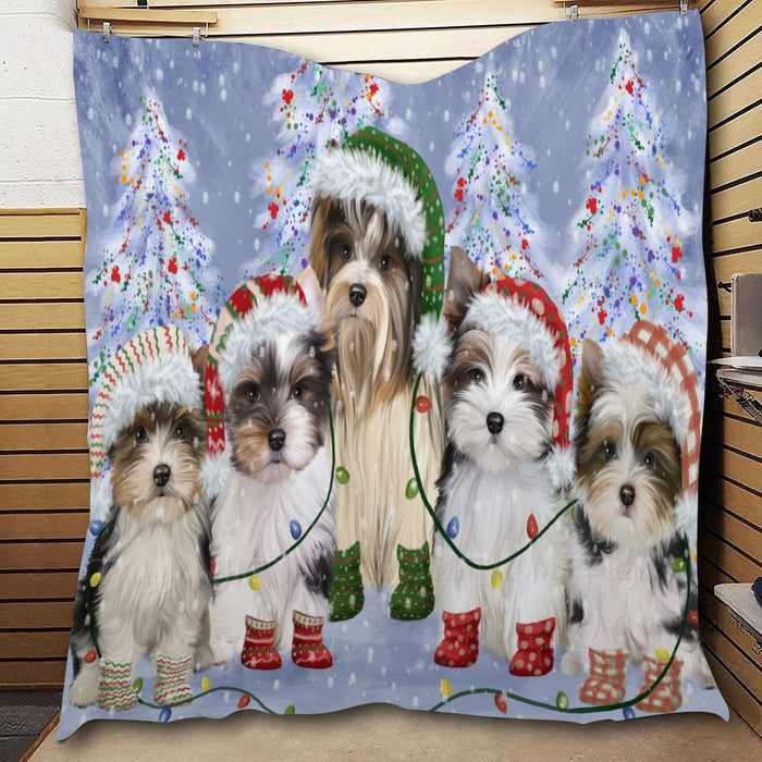 Christmas Lights and Biewer Dogs  Quilt Bed Coverlet Bedspread - Pets Comforter Unique One-side Animal Printing - Soft Lightweight Durable Washable Polyester Quilt