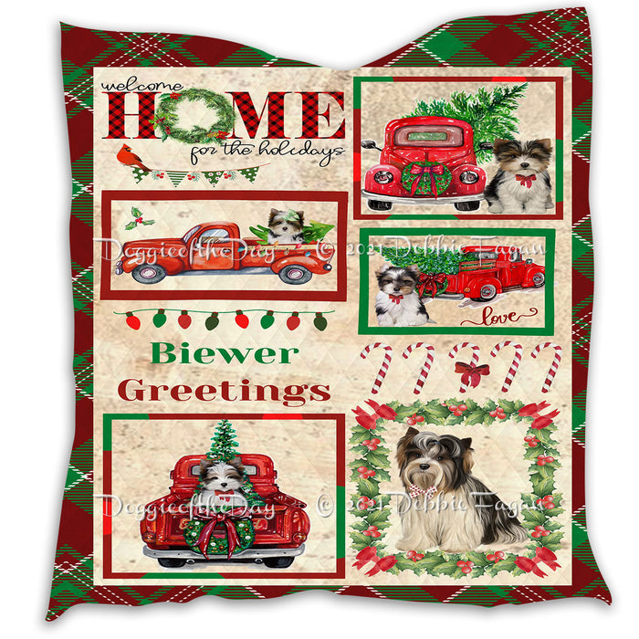 Welcome Home for Christmas Holidays Biewer Dogs Quilt Bed Coverlet Bedspread - Pets Comforter Unique One-side Animal Printing - Soft Lightweight Durable Washable Polyester Quilt