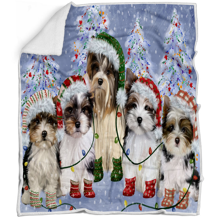 Christmas Lights and Biewer Dogs Blanket - Lightweight Soft Cozy and Durable Bed Blanket - Animal Theme Fuzzy Blanket for Sofa Couch