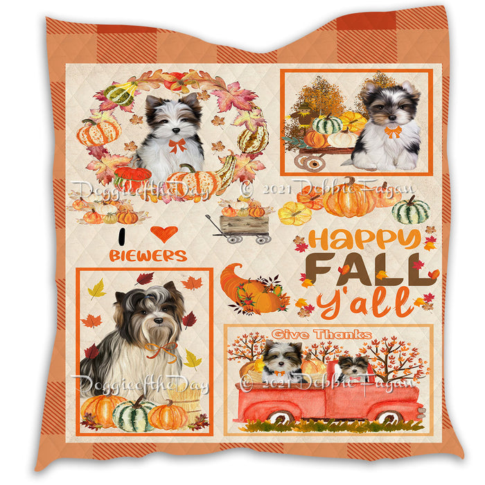 Happy Fall Y'all Pumpkin Biewer Dogs Quilt Bed Coverlet Bedspread - Pets Comforter Unique One-side Animal Printing - Soft Lightweight Durable Washable Polyester Quilt