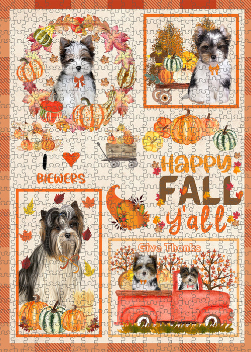 Happy Fall Y'all Pumpkin Biewer Dogs Portrait Jigsaw Puzzle for Adults Animal Interlocking Puzzle Game Unique Gift for Dog Lover's with Metal Tin Box