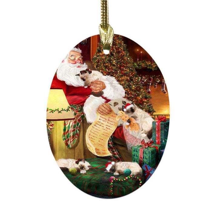 Birman Cats and Kittens Sleeping with Santa Oval Glass Christmas Ornament OGOR49250