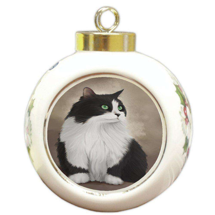Black And White Persian Cat Round Ceramic Ball Christmas Ornament