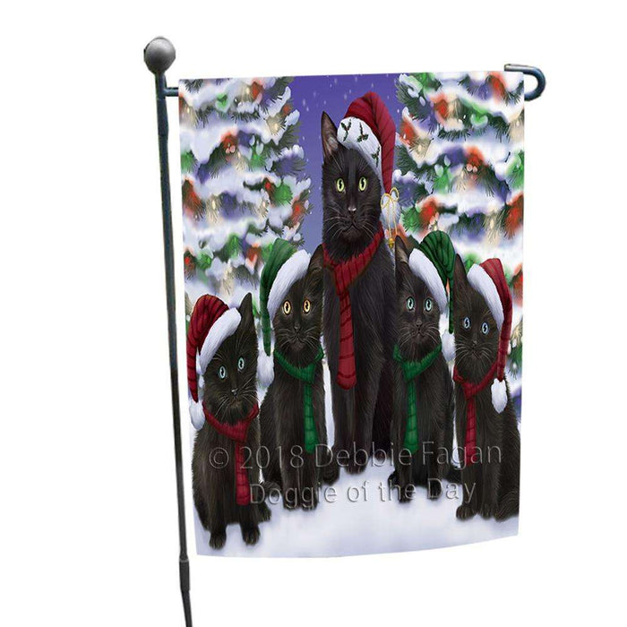 Black Cats Christmas Family Portrait in Holiday Scenic Background Garden Flag GFLG52653