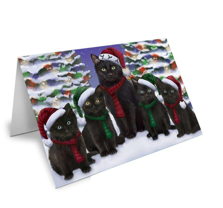 Black Cats Christmas Family Portrait in Holiday Scenic Background Handmade Artwork Assorted Pets Greeting Cards and Note Cards with Envelopes for All Occasions and Holiday Seasons GCD62153