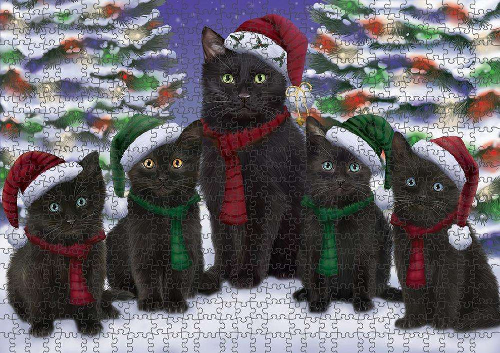 Black Cats Christmas Family Portrait in Holiday Scenic Background Puzzle with Photo Tin PUZL62055
