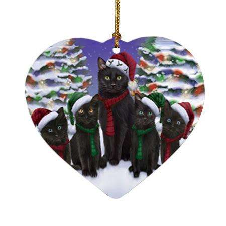 Black Cats Christmas Family Portrait in Holiday Scenic Background  Heart Christmas Ornament HPOR52708