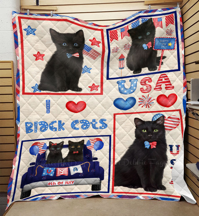 4th of July Independence Day I Love USA Black Cats Quilt Bed Coverlet Bedspread - Pets Comforter Unique One-side Animal Printing - Soft Lightweight Durable Washable Polyester Quilt
