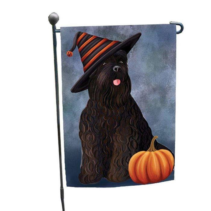 Black Russian Terrier Dog Wearing Witch Hat with Pumpkin Garden Flag