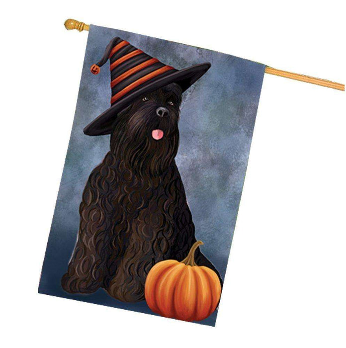 Black Russian Terrier Dog Wearing Witch Hat with Pumpkin House Flag
