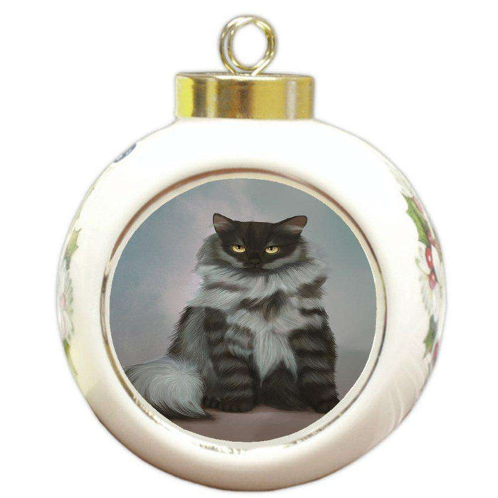 Black Smoke Siberian Cat Round Ceramic Ball Christmas Ornament