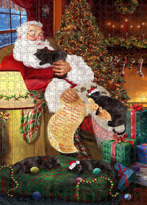 Santa Sleeping with Black Cats Portrait Jigsaw Puzzle for Adults Animal Interlocking Puzzle Game Unique Gift for Dog Lover's with Metal Tin Box