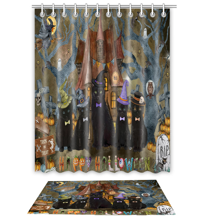 Black Cat Shower Curtain & Bath Mat Set, Bathroom Decor Curtains with hooks and Rug, Explore a Variety of Designs, Personalized, Custom, Cats Lover's Gifts
