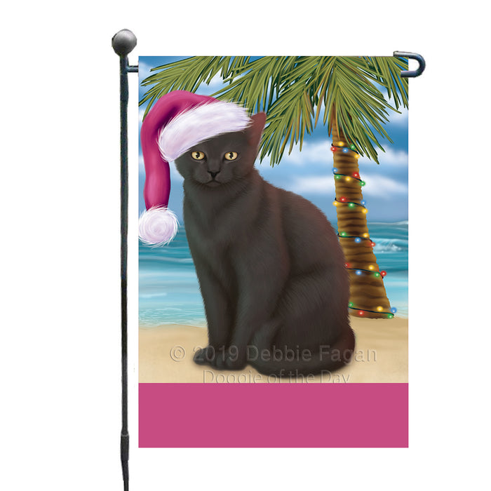 Personalized Summertime Happy Holidays Christmas Black Cat on Tropical Island Beach  Custom Garden Flags GFLG-DOTD-A60413
