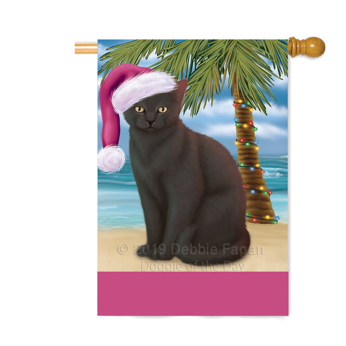 Personalized Summertime Happy Holidays Christmas Black Cat on Tropical Island Beach Custom House Flag FLG-DOTD-A60469