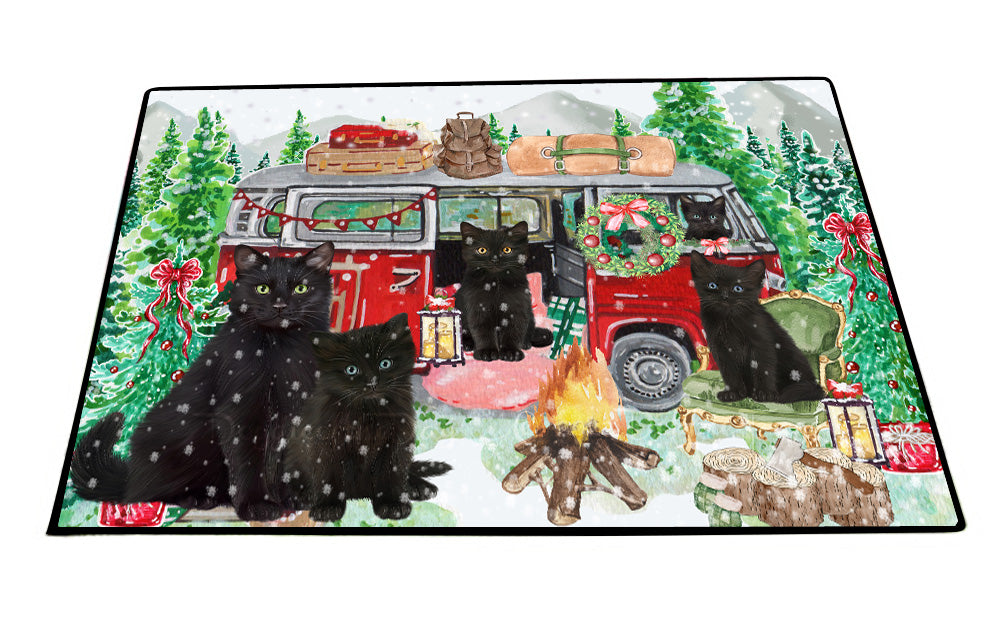 Christmas Time Camping with Black Cats Floor Mat- Anti-Slip Pet Door Mat Indoor Outdoor Front Rug Mats for Home Outside Entrance Pets Portrait Unique Rug Washable Premium Quality Mat