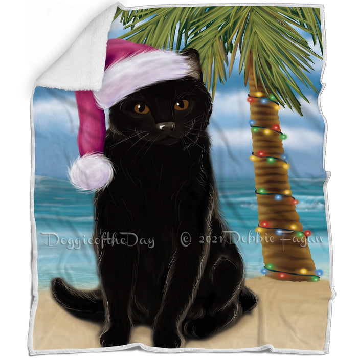 Summertime Happy Holidays Christmas Black Cat on Tropical Island Beach Blanket