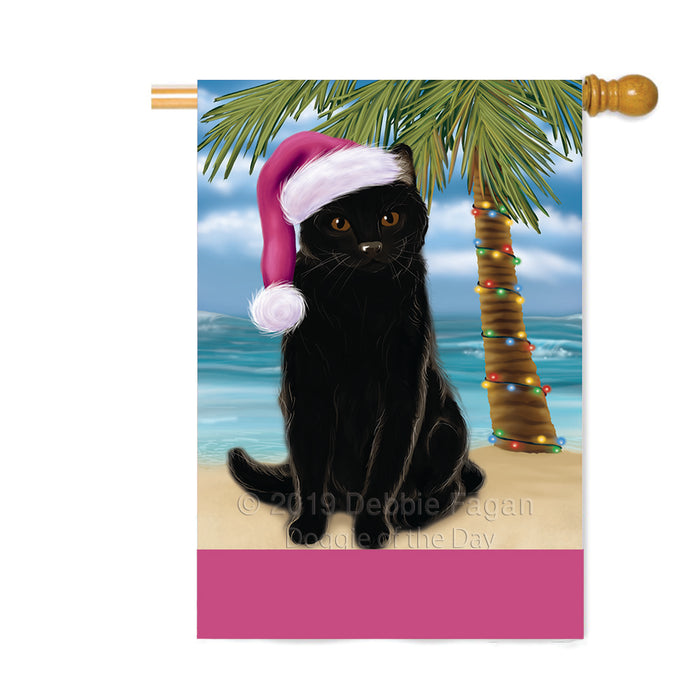 Personalized Summertime Happy Holidays Christmas Black Cat on Tropical Island Beach Custom House Flag FLG-DOTD-A60470