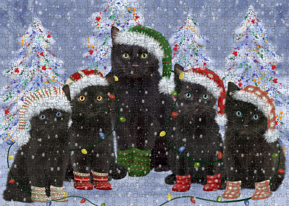 Christmas Lights and Black Cats Portrait Jigsaw Puzzle for Adults Animal Interlocking Puzzle Game Unique Gift for Dog Lover's with Metal Tin Box