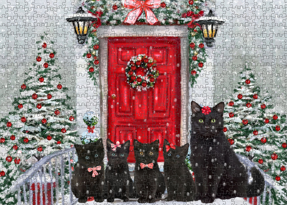 Christmas Holiday Welcome Black Cats Portrait Jigsaw Puzzle for Adults Animal Interlocking Puzzle Game Unique Gift for Dog Lover's with Metal Tin Box