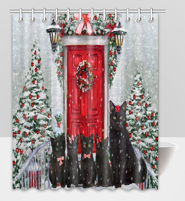 Christmas Holiday Welcome Black Cats Shower Curtain Pet Painting Bathtub Curtain Waterproof Polyester One-Side Printing Decor Bath Tub Curtain for Bathroom with Hooks