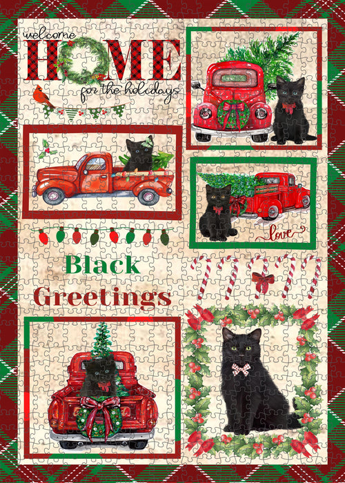 Welcome Home for Christmas Holidays Black Cats Portrait Jigsaw Puzzle for Adults Animal Interlocking Puzzle Game Unique Gift for Dog Lover's with Metal Tin Box