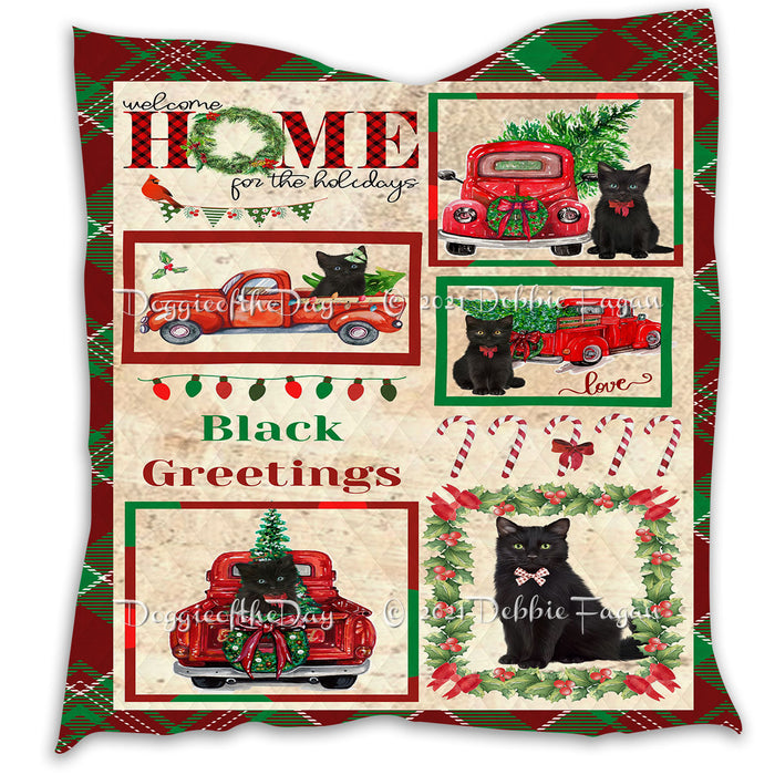 Welcome Home for Christmas Holidays Black Cats Quilt Bed Coverlet Bedspread - Pets Comforter Unique One-side Animal Printing - Soft Lightweight Durable Washable Polyester Quilt