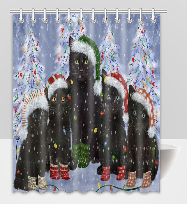 Christmas Lights and Black Cats Shower Curtain Pet Painting Bathtub Curtain Waterproof Polyester One-Side Printing Decor Bath Tub Curtain for Bathroom with Hooks