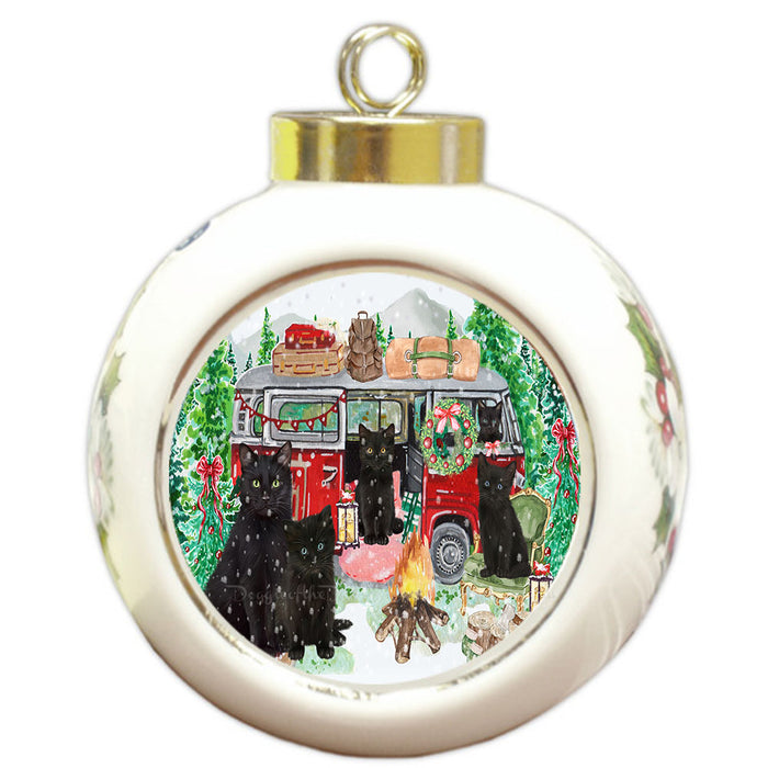 Christmas Time Camping with Black Cats Round Ball Christmas Ornament Pet Decorative Hanging Ornaments for Christmas X-mas Tree Decorations - 3" Round Ceramic Ornament