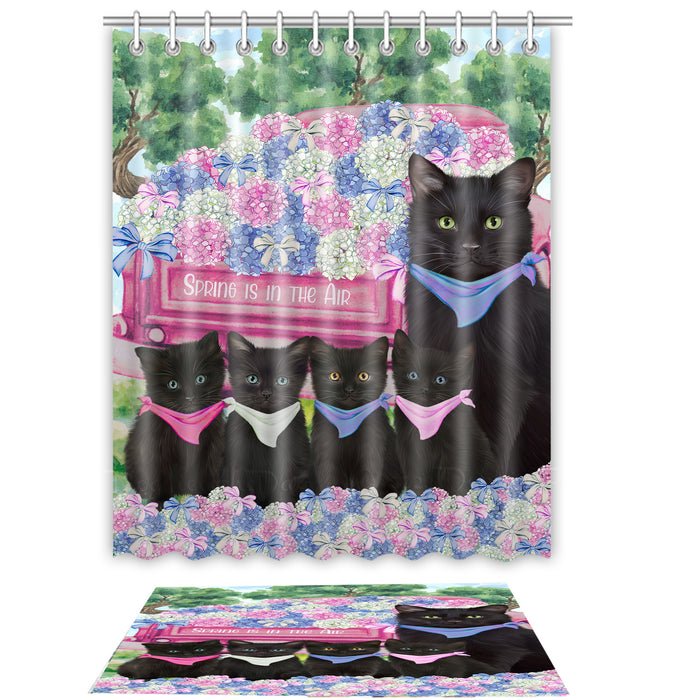 Black Cat Shower Curtain & Bath Mat Set, Custom, Explore a Variety of Designs, Personalized, Curtains with hooks and Rug Bathroom Decor, Halloween Gift for Cats Lovers